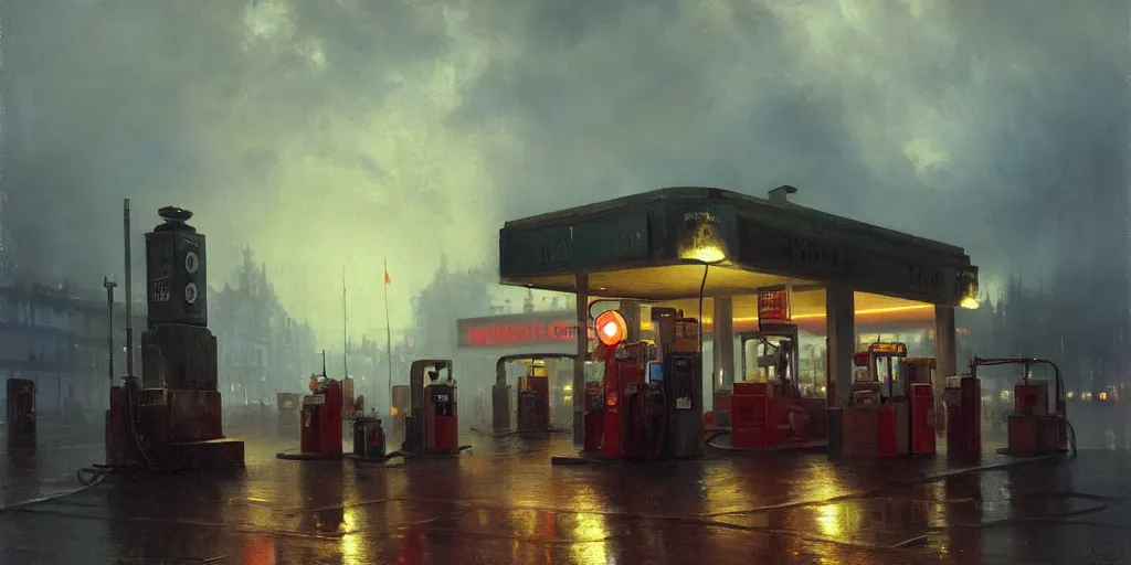 Image similar to a gas station in 1 9 4 0 with yellow and red light in the middle of the night, rainy night, a men stand up next to the pump, mystical blue fog, oil on canvas, art by andreas achenbach, clemens ascher, tom bagshaw and sabbas apterus,