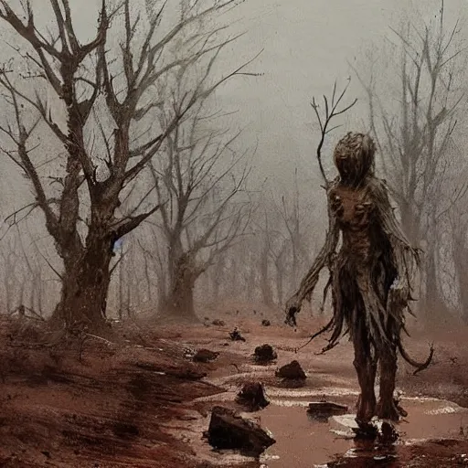 Image similar to painting by jakub rozalski of a muddy rooted humanoid creatures