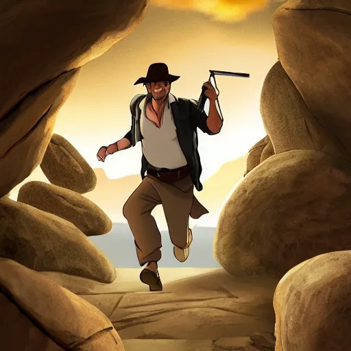 Image similar to Indiana Jones running away from boulder trap, boulder chase, underground sandstone temple background, giant round stone chasing Indian Jones, raiders of the lost ark, anime key visual