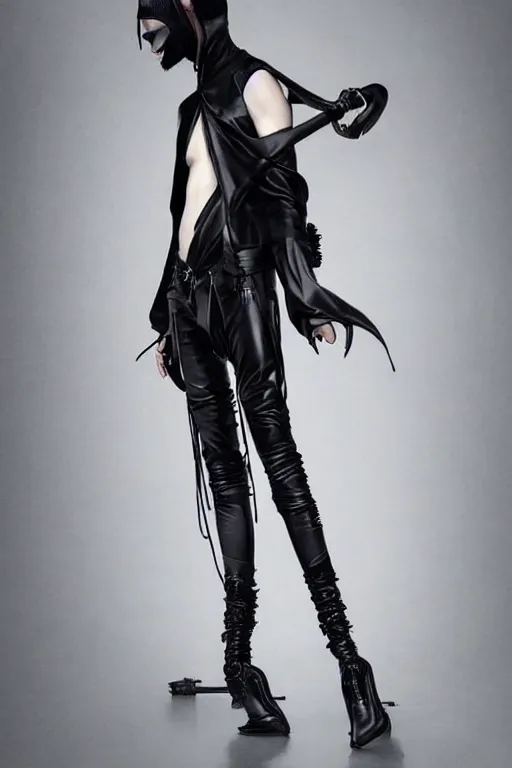 Image similar to beautiful androgynous high fashion avant garde techwear look and clothes, we can see them from feet to head, highly detailed and intricate, luxury, cinematic, rick owens, yohji yamamoto, y 3, outfit photo, hot on r / streetwear, trending on artstation,