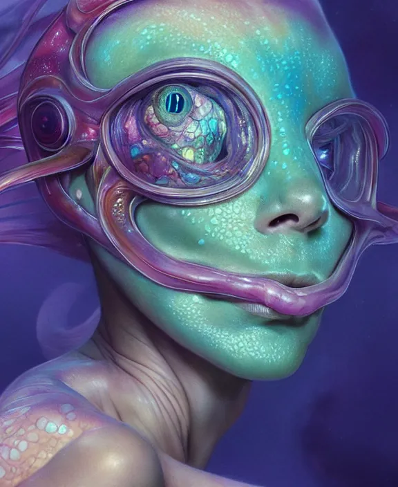 Image similar to colorful transparent portrait of a disturbing beautiful alien snake creature, mottled coloring, adorable, childlike, underwater environment, ultra realistic, concept art, art nouveau, photorealistic, octane render, 8 k, unreal engine. art by christopher marley and artgerm and greg rutkowski and alphonse mucha