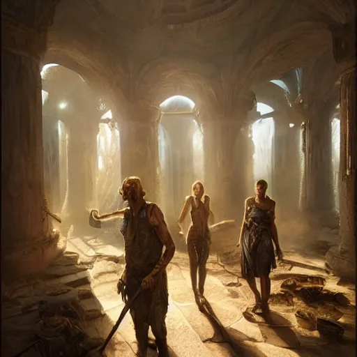 Prompt: epic masterpiece of cinematographic hyperrealism where a group of archeologists appears in front of the dread tower. realistic shaded lighting poster by craig mallismo, artgerm, jeremy lipkin and michael garmash, unreal engine, radiant light, detailed and intricate environment, digital art, art station trends, horror, night, darkness