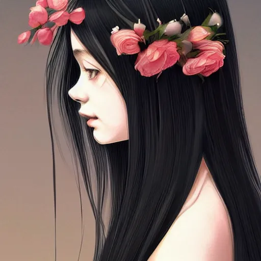 Image similar to little girl with her long black hair dressed in a simple white dress putting flowers on hair, anime art style, digital artwork made by ilya kuvshinov, inspired in balthus