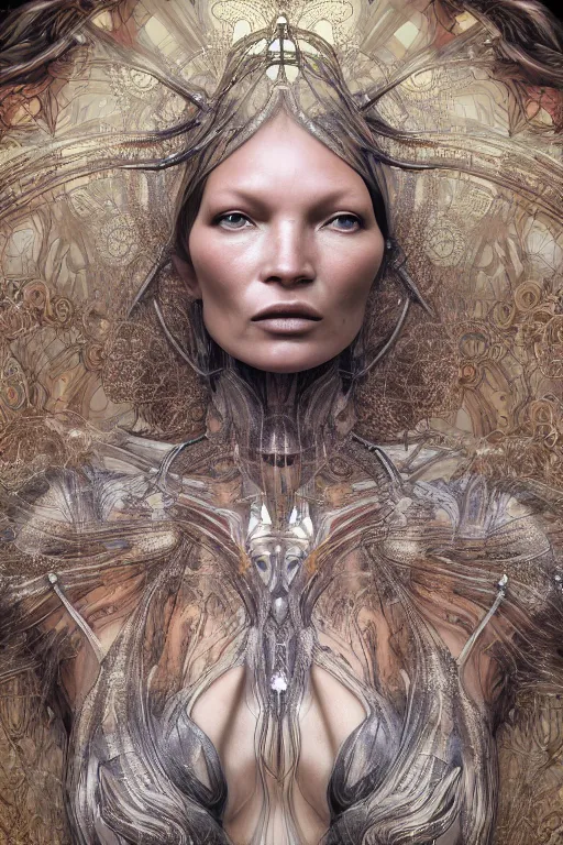 Image similar to a realistic moody portrait photo of a beautiful ancient alien woman goddess kate moss standing in iris van herpen dress jewelery and fractals in style of alphonse mucha art nuvo dmt trending on artstation made in unreal engine 4