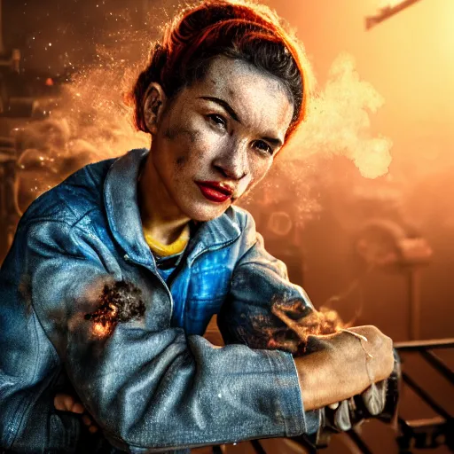 Image similar to a portrait of Rosie the riveter, industrial setting, dynamic pose, sweat and grime, close-up, intricate details, intricately detailed clothing, intricate textures, warm lighting, vivid colors, sparks flying, smoke and mist, realistic octane render, hyper realistic render, volumetric shading, depth of field, raytracing, 8k,