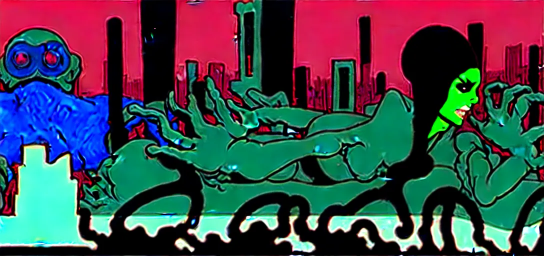 Prompt: gigercore, spastic, psychotic, elemental masterpiece 8k resolution Behance HD polluted futuristic cityscape evening, wombo dream, rotoscoped gothic degraded art nouveau hospital pastiche by Frank Miller and Klaus Janson