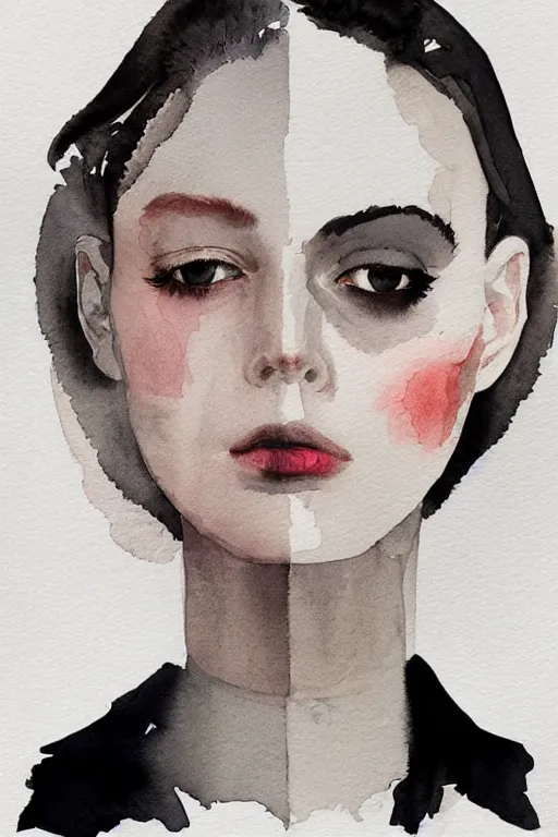 Prompt: beautiful face woman, symmetrical, grey, colorless and silent, watercolor portraits by Luke Rueda Studios and David downton