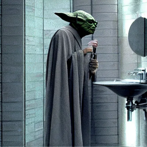 Image similar to master yoda using the urinal in the bathroom of the death star, movie scene from star wars 1 9 9 9