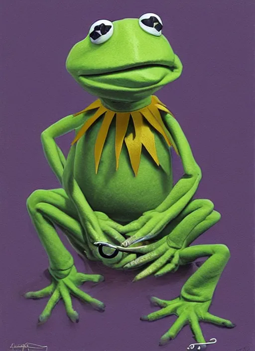 Image similar to portrait of Kermit the frog in ExistenZ (1999), highly detailed, centered, solid color background, digital painting, artstation, concept art, smooth, sharp focus, illustration, artgerm, donato giancola, Joseph Christian Leyendecker, Les Edwards, Ed Repka, WLOP, Artgerm