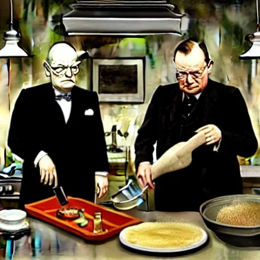 Prompt: Winston Churchill and Walter White cooking in a kitchen, realism, super details, ominous background, high detail, in the style of Martin Schoeller