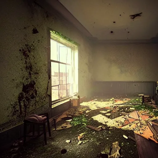 Prompt: “derelict and abandoned hotel room, broken lights, a body on the floor, shadows of zombies, muted tones, volumetric lighting, puddles, moss, branches, photorealism, high detail, golden ratio, cinematic, octane renderer, the last of us”