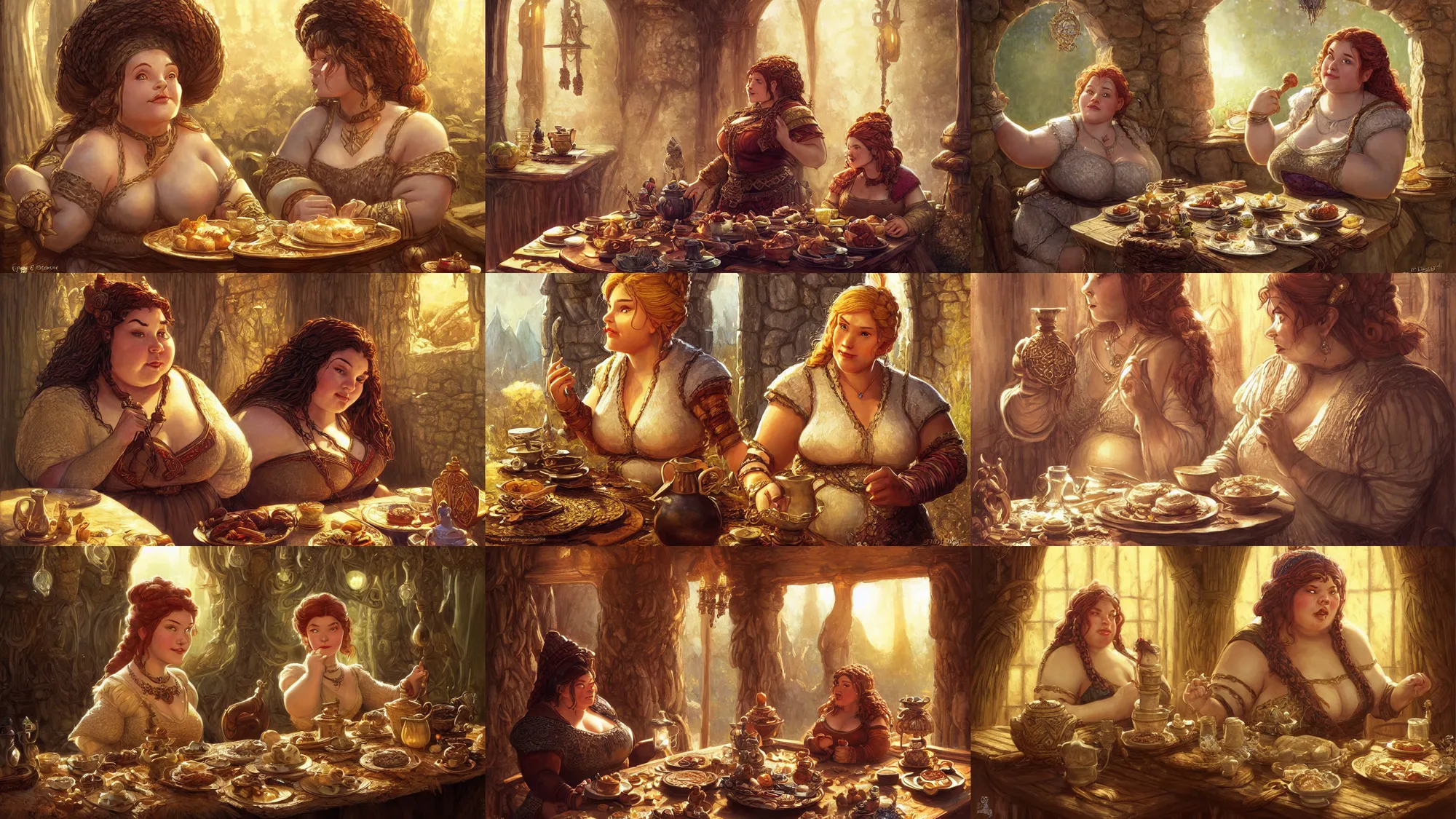 Prompt: an elegant chubby dwarven woman before a beautiful breakfast table, d & d dragon age warcraft, plump, big nose, neat braided hair, afternoon time, cozy, cheerful atmosphere, golden hour, intricate, by greg staples and elsa beskow