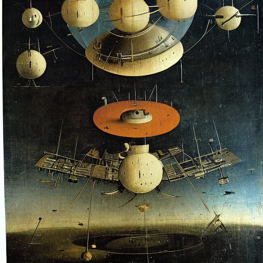 Image similar to painting of a space station, by Hieronymus Bosch