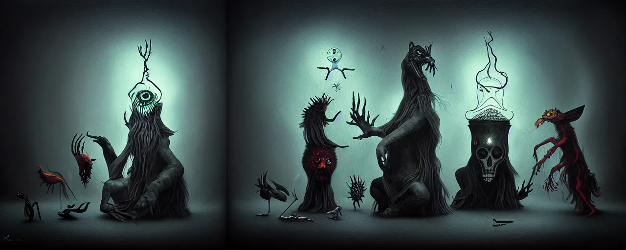 Prompt: alchemical creatures, surreal dark uncanny painting by ronny khalil