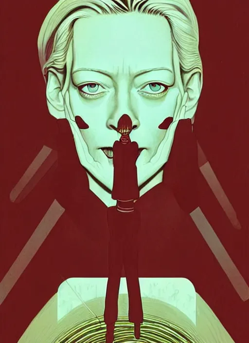 Image similar to Twin Peaks poster artwork by Michael Whelan, Bob Larkin and Tomer Hanuka, Karol Bak of portrait of radio host Tilda Swinton!!!!!!!!!! lounging in her radio sound booth, alone, late at night, from scene from Twin Peaks, simple illustration, domestic, nostalgic, from scene from Twin Peaks, clean, cover of New Yorker magazine