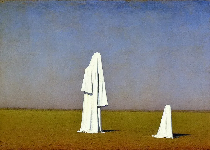 Image similar to white sheet ghost standing in an empty field, by jean charlot