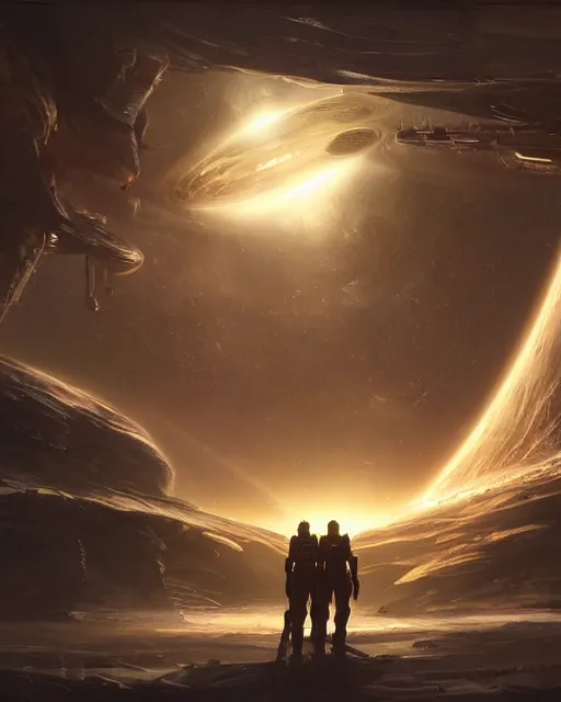 Prompt: A matted painting of Aliens of the Sun on a spaceship environment with expansive views of space, inspired by greg rutkowski and Keith Mallett, digital art, extremely moody lighting, glowing light and shadow, atmospheric, shadowy, cinematic