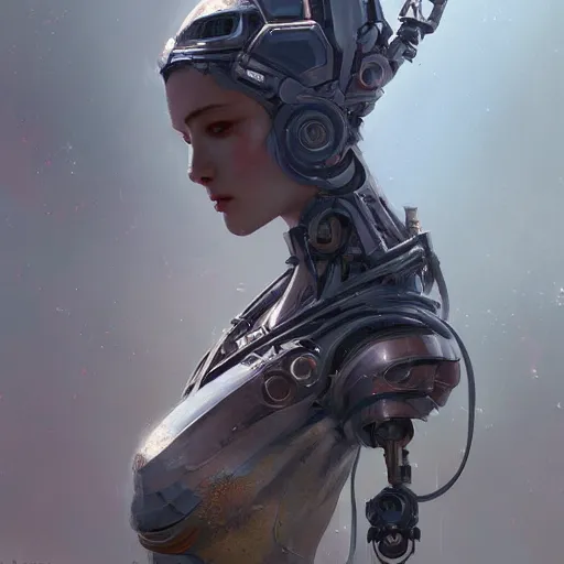 Prompt: a beautiful portrait of a robot goddess, a detailed painting by greg rutkowski and raymond swanland, featured on cgsociety, fantasy art, detailed painting, artstation hd, photorealistic