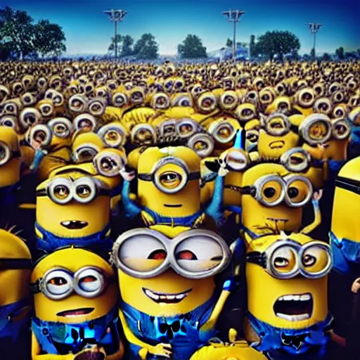 Image similar to “The minions from Despicable me crowding around jesus, 4K, sunny day, wide angle, highly detailed”