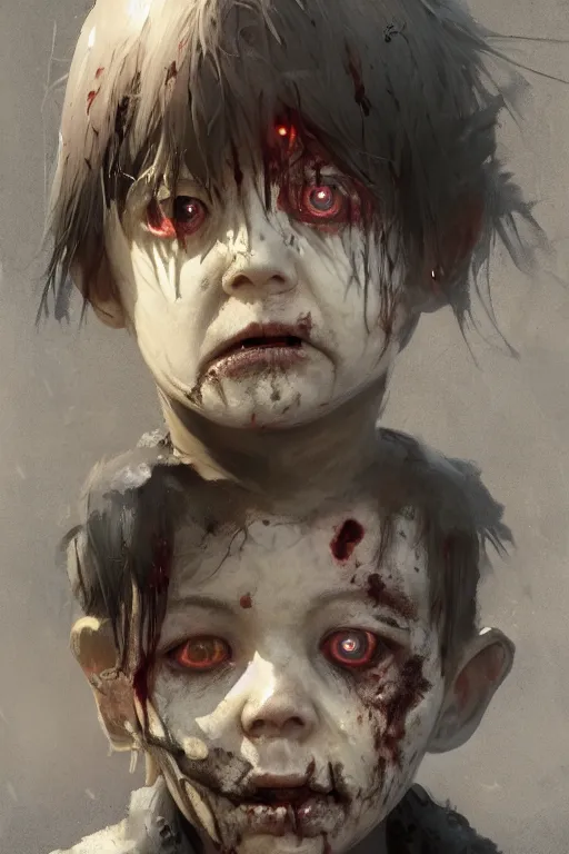 Prompt: A portrait of a zombified young child by Greg Rutkowski, Sung Choi, Mitchell Mohrhauser, Maciej Kuciara, Johnson Ting, Maxim Verehin, Peter Konig, Bloodborne, 8k photorealistic, cinematic lighting, HD, high details, dramatic, dark atmosphere, trending on artstation