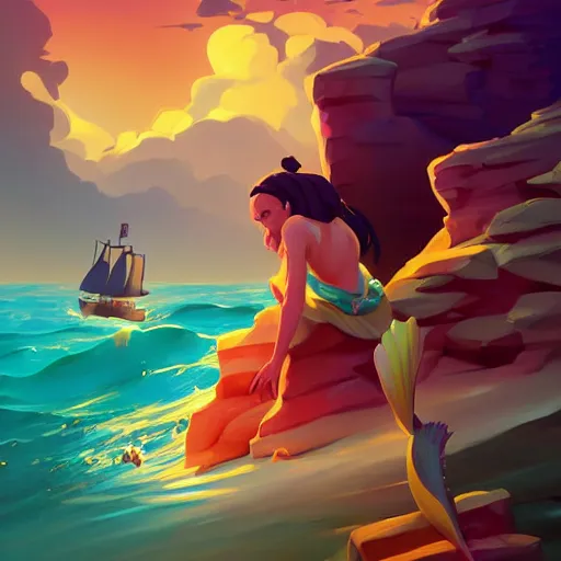 Image similar to painting mermaid treasure on sea of thieves game avatar hero smooth face median photoshop filter cutout vector, behance hd by jesper ejsing, by rhads, makoto shinkai and lois van baarle, ilya kuvshinov, rossdraws global illumination