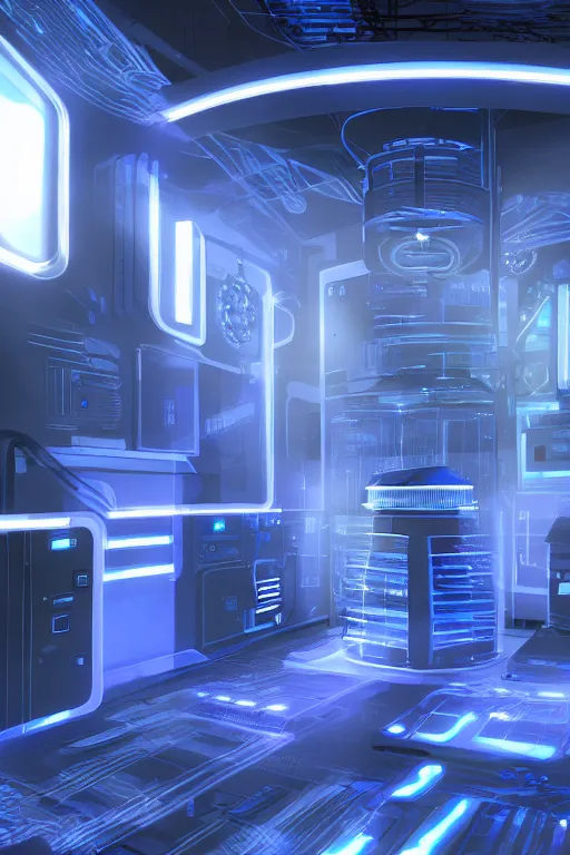 Prompt: computer core, scifi chamber, glowing blue lights, concept art