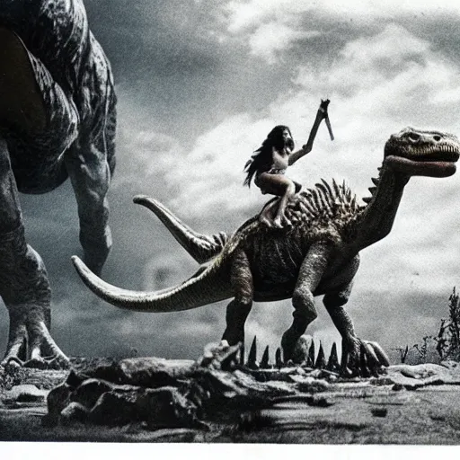 Prompt: a caveman riding a dinosaur, analog horror movie still