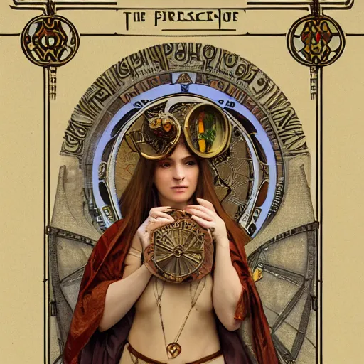 Image similar to the priestess of tarot by alphonse maria mucha, steampunk, 8 k, - h 1 0 8 0