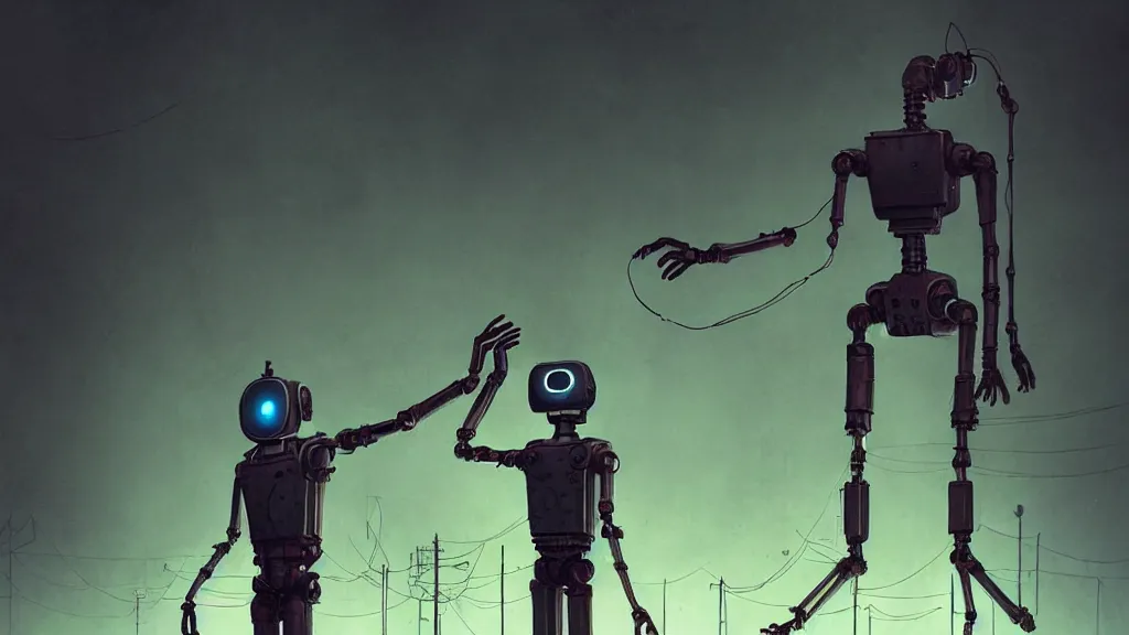 Image similar to realistic human android character, the puppeteer with long needle fingers, dark industrial background, simon stalenhag, featured on artstation, cinematic, elegant, intricate