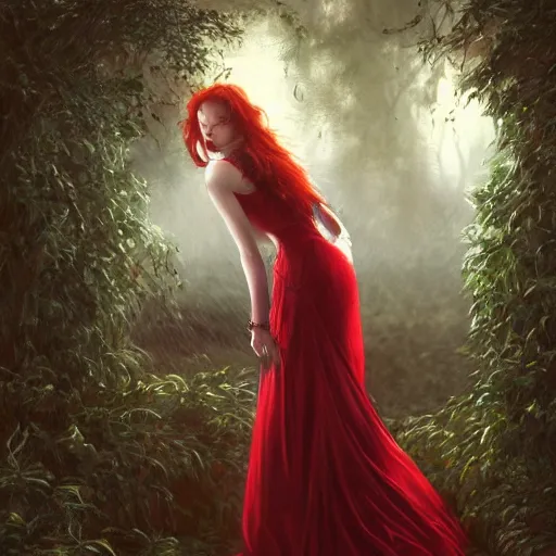 Image similar to a highly detailed portrait of polyamorous red haired vampire queens kissing in the rain wearing a blood red dress, epic fantasy, viewed in profile from far away, ultrawide lens, art by artgerm and greg rutkowski and alphonse mucha, volumetric lighting, 4 k resolution, trending on artstation, masterpiece