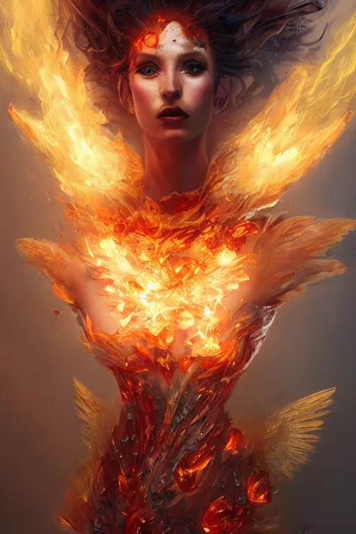 Image similar to torso closeup model wearing exploding fire crystal dress, sorcerer, diamonds, angel, fantasy, dramatic lighting, highly detailed, digital painting, holding electricity, magic the gathering, hyper detailed, 3 d render, hyper realistic detailed portrait, peter mohrbacher, wlop, ruan jia