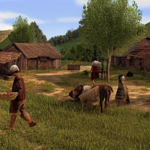 Image similar to A busy village with working peasants, Realistic, HDR, Clear Image, HDD, Dynamic lighting,