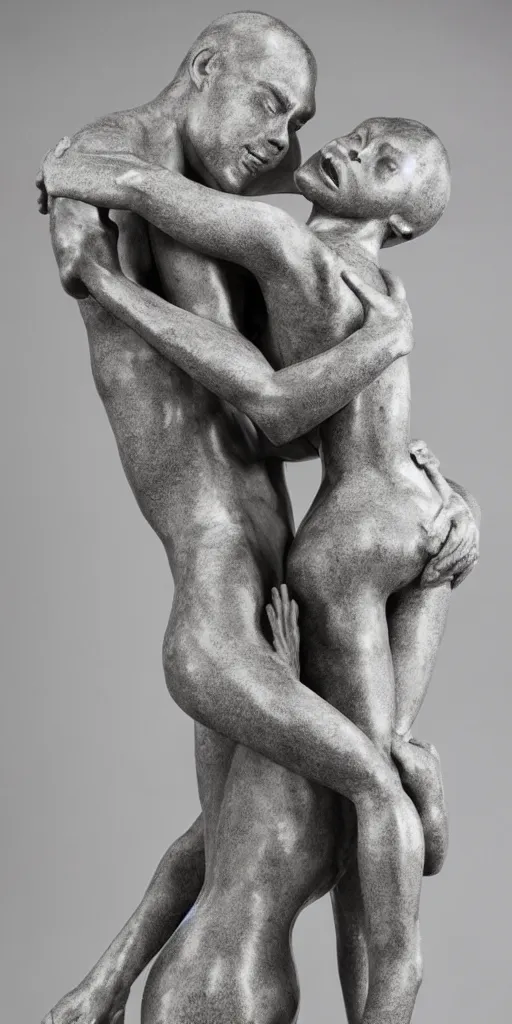 Prompt: a highly detailed brutalist angular statue of human bodies in a loving embrace, sculpture, aggressive, angles, sharp lines, faceted