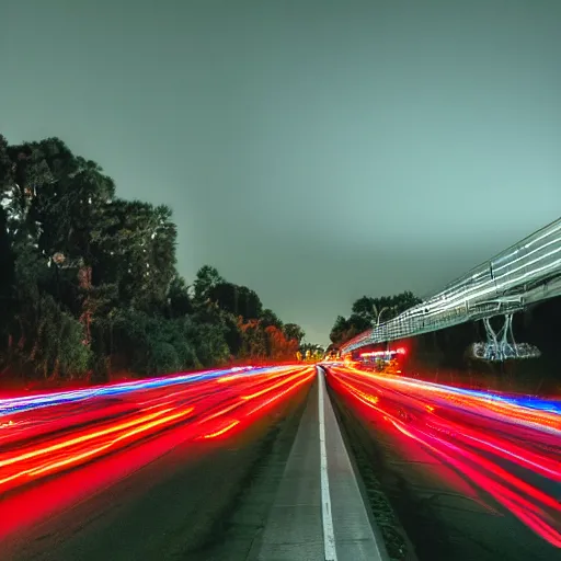Image similar to dslr photo freeway photo at night, dragonflies replace the cars, very high quality lights, intricate details, extremely high quality, moody lighting, real camera, real photo, slow - shutter, 8 k, full subject in shot
