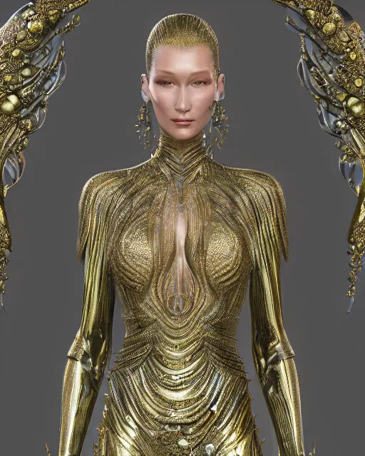 Image similar to a highly detailed metahuman 4 k close up render of an alien goddess bella hadid monument surasundari in iris van herpen dress schiaparelli in diamonds crystals swarovski and jewelry iridescent in style of alphonse mucha gustav klimt trending on artstation made in unreal engine 4