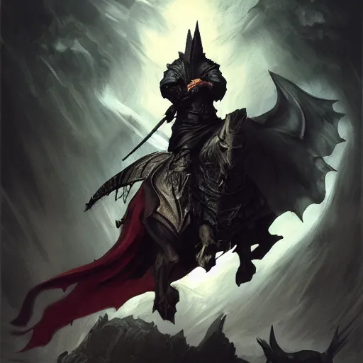 Image similar to hooded knight riding a wyvern by frank frazetta, flowing cape, dynamic pose, chiaroscuro, fantasy, very detailed, dungeons & dragons, sharp focus, striking, artstation contest winner, detailed