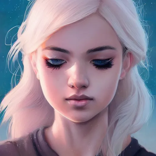 Image similar to very cool girl blonde hair black back, mint higlights, strong eyelashes, cute nose and lips makeup, nose piercing, detailed portrait, intricate complexity, by greg rutkowski, artgerm, ross tran, conrad roset, takato yomamoto, ilya kuvshinov. 4 k, beautiful, cinematic dramatic atmosphere