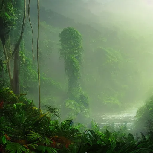 Prompt: A jungle forest in a panoramic view, 8k, cinematic perspective, hazy, Detailed, atmospheric, foggy, rivers, artstation