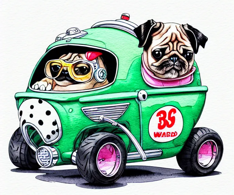 Prompt: cute and funny, pug wearing a helmet riding in a tiny hot rod with oversized engine, ratfink style by ed roth, centered award winning watercolor pen illustration, isometric illustration by chihiro iwasaki, edited by range murata, tiny details by artgerm and watercolor girl, symmetrically isometrically centered