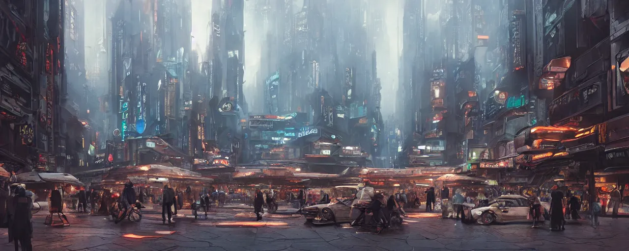 Image similar to street level view of a futuristic bladerunner market and trading post at the center of a large advanced metropolis busy with activity lots of market signs aliens and people with a floating cars on the streets by craig mullins, neil blevins, dylan cole, james paick, hyper realistic, night, environment fog, cinematic lighting, 8 k, vray render, artstation, deviantart,