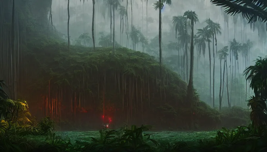 Image similar to tropical jungle, wall wood fortress, an epic fantasy, dramatic lighting, cinematic, establishing shot, extremely high detail, photorealistic, cinematic lighting, artstation, matte painting, by simon stalenhag, shadow of the tomb rider