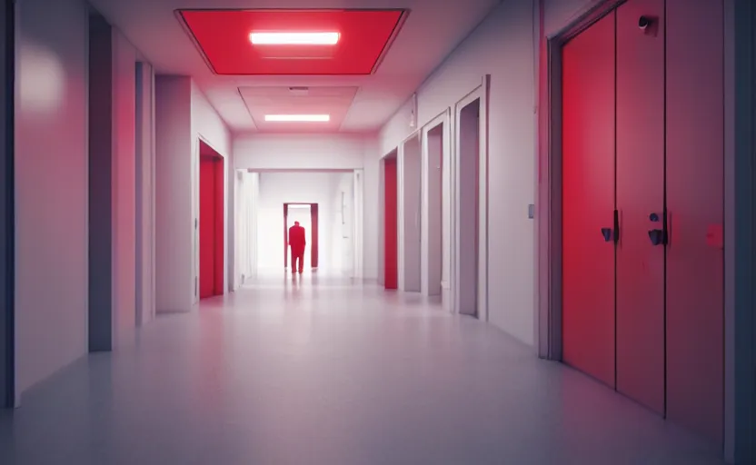 Image similar to an hallway in hospital with red lights in the roof, octane render, artstation trending, highly detailded