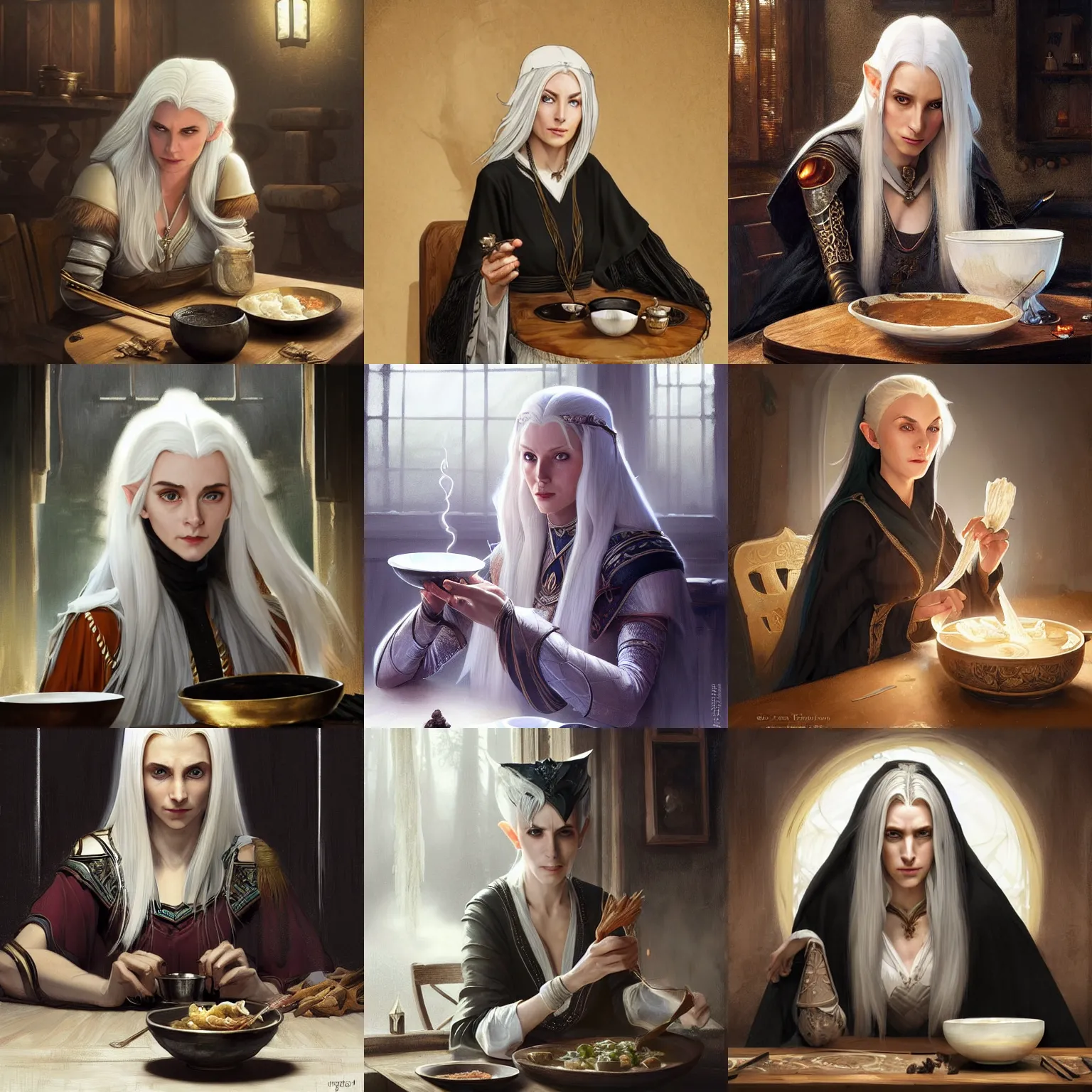 Prompt: a graceful noble female high - elf wizard with white hair and black clothes sitting at a wooden table in a cabin looking sceptically at a bowl of stew, fantasy, highly detailed, digital painting, artstation, concept art, character art, art by greg rutkowski and tyler jacobson and alphonse mucha