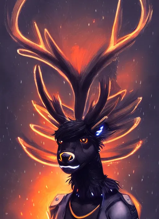 Image similar to award winning beautiful portrait commission of a male furry anthro Black Reindeer fursona with a tail, wings and a cute beautiful attractive detailed furry face wearing stylish black and orange cyberpunk clothes in a cyberpunk city at night while it rains. Character design by charlie bowater, ross tran, artgerm, and makoto shinkai, detailed, inked, western comic book art