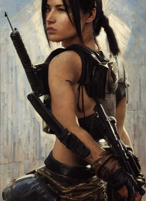 Image similar to Adriana. beautiful cyberpunk Samurai woman wearing a military vest and military jumpsuit (cyberpunk 2077). gorgeous african face. Iranian orientalist portrait by john william waterhouse and Edwin Longsden Long and Theodore Ralli and Nasreddine Dinet, oil on canvas. Cinematic, hyper realism, realistic proportions, dramatic lighting, high detail 4k