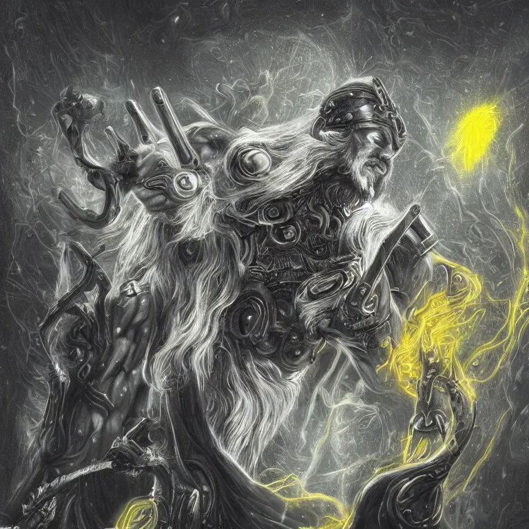 Prompt: mythological Odin all father god of thunder and artificial intelligence creating an artificial neural network with dark yellow synapses on an anvil, high resolution, award winning art, trending on art station, sharp image, incredibly detailed, odin all father detailed character realistic painting, dark background