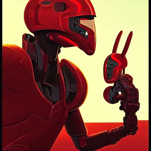 Prompt: self portrait of a humanoid ant with a helmet in the shape of pincers. Red and black body armor, digital art, realistic, ultradetailed, concept art in the style of Science Fiction. art by Syd Mead and Moebius, trending on artstation, devianart, cgsociety