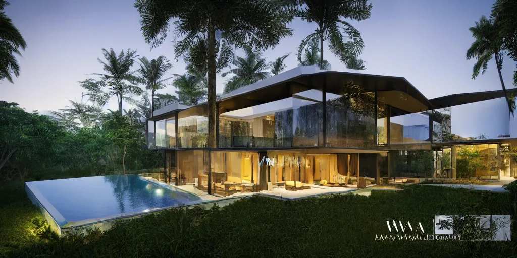 Prompt: Architectural photography of beautiful nature meets architecture concept of a residential house by Bawa, in a tropical forest, volumetric lighting,, luxury, high detail, 14mm, cinematic photography, archdaily, high resolution