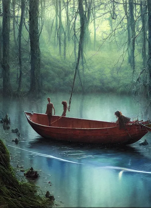 Image similar to boat in the woods by a river gorgeous lighting, lush forest foliage blue sky a hyper realistic painting by chiara bautista and beksinski and norman rockwell and greg rutkowski, tom bagshaw weta studio, and lucasfilm