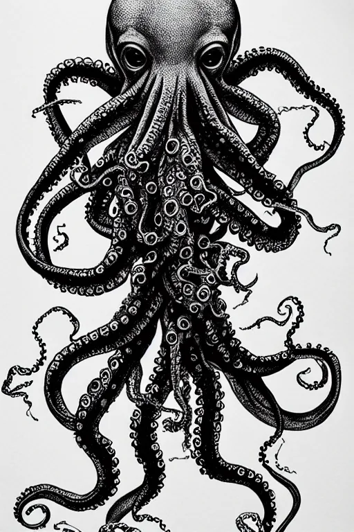 Image similar to black ink on paper, alien octopus, trending on artstation, beautiful, intricate, detailed